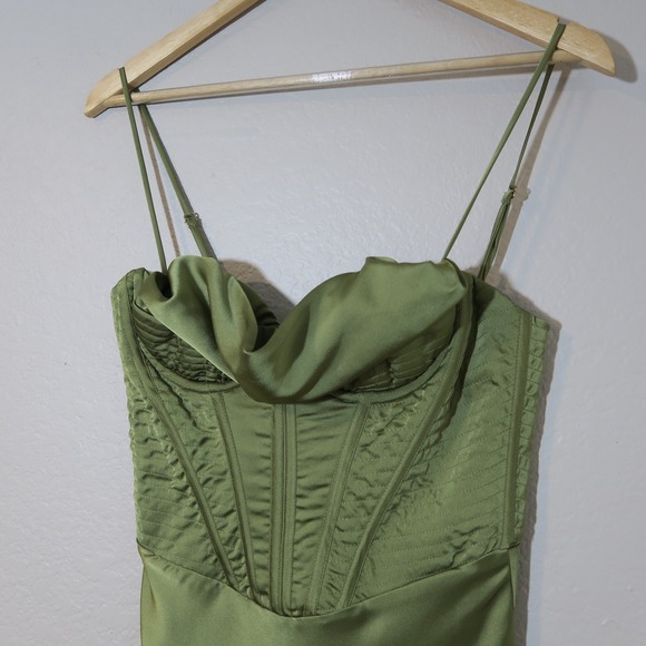 House of CB Myrna Olive Corset Satin Slip Dress Timeless Elegant - Picture 3 of 14